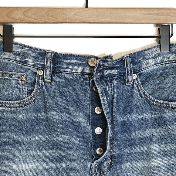 Free People We The Free Suzanne Distressed Blue Denim Skirt A Line Midi Size 30 - Picture 4 of 13